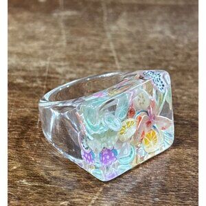 Handmade Colorful Millefiori Resin Acrylic Square Ring Size 7.5 Vintage